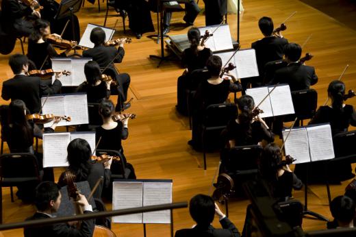 Partial string section of an orchestra.